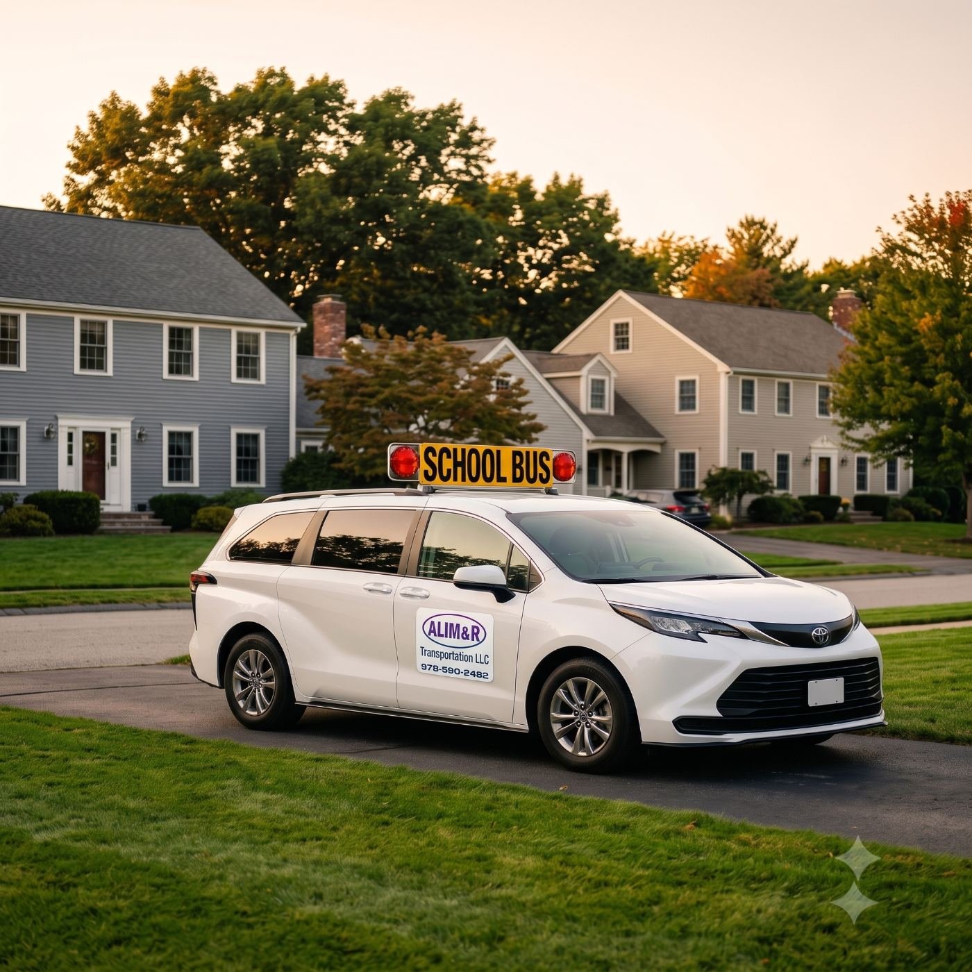 ALIM & R school transport minivan with school bus sign in a Methuen neighborhood