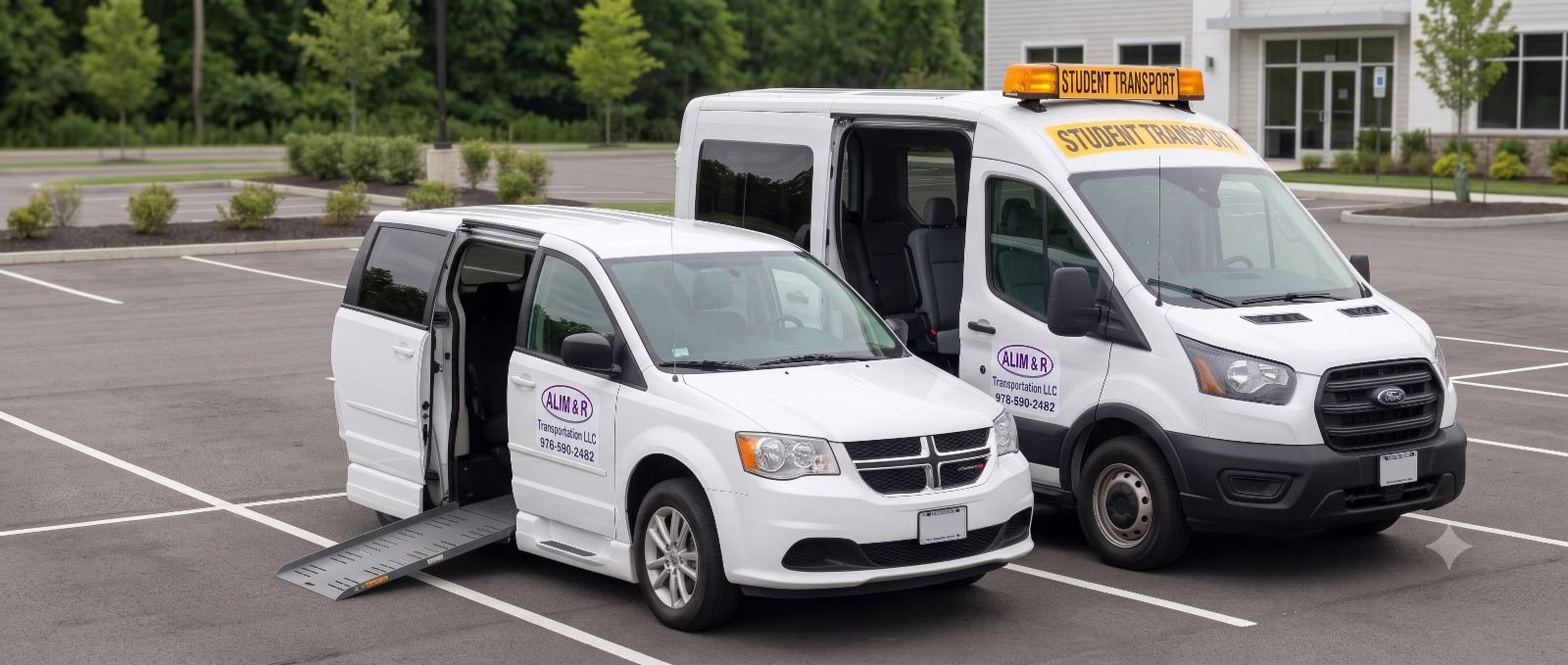 ALIM & R wheelchair-accessible minivan with ramp deployed next to student transport van